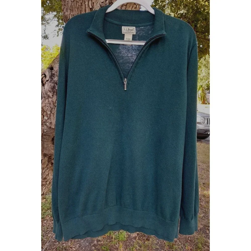 LL Bean Cotton Cashmere Super Soft Lightweight Preppy Sz XL Polo Sweater Green - Picture 3 of 6